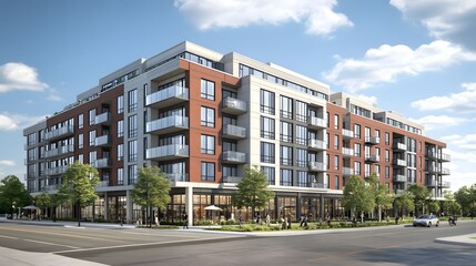 Obraz premium Modern multi-story building with retail space and balconies in a suburban setting.