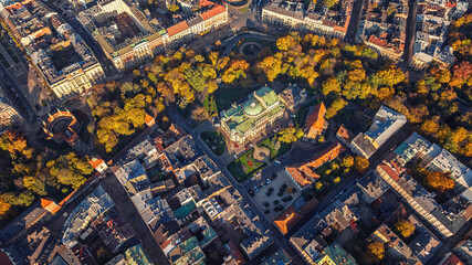 Fototapeta premium Panorama of Krakow, Poland. Juliusz Slowacki Theatre and park, residential areas. Drone photo.