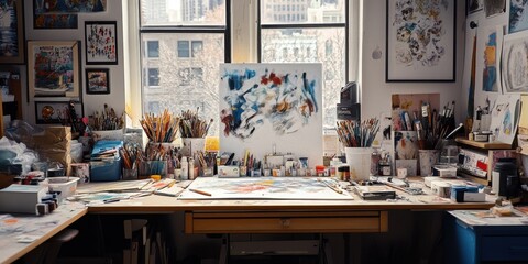 art supplies on desk where the artist worked  photogr