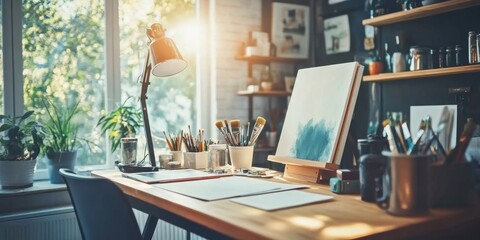 A bright well-lit workspace filled with art supplies-