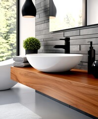 White Basin with Wooden Vanity and Greenery in Bathroom