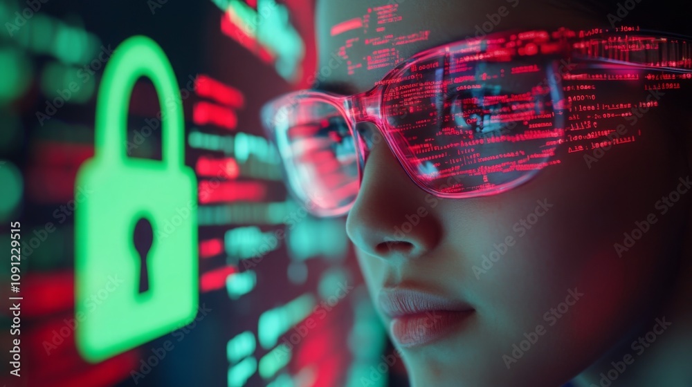 Poster A person wearing glasses views a computer screen displaying lines of code and a padlock icon. The glasses reflect the code, highlighting the late-night work and focus on data security.
