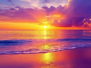 Fototapeta premium serene sunset over a tranquil ocean, blending hues of orange, pink, and purple across the sky, reflecting on calm waters below. evokes feelings of peace and beauty at day’s end