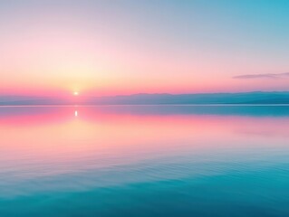 Fototapeta premium serene view of the dead sea at sunset, with soft pastel colors reflecting off the tranquil water surface. the horizon stretches endlessly, creating a peaceful and contemplative atmosphere