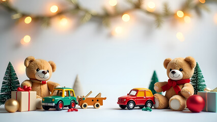 Frame for text made from colourful kids toys, teddy bears, toy cars, balls, cubes, with golden garland lights, on Christmas background. Selective focus, blurred background.