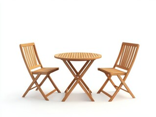 Fototapeta premium set of elegant wooden garden furniture, including a round table and chairs, placed against a white background, representing outdoor relaxation and a stylish home terrace or patio