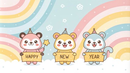 Naklejka premium Cute animals celebrating Happy New Year with colorful signs