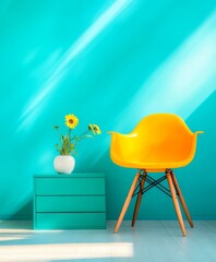 Yellow Chair with Table in Blue Background