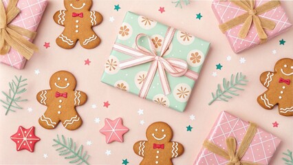 Fototapeta premium Festive gingerbread cookies and holiday gifts arrangement