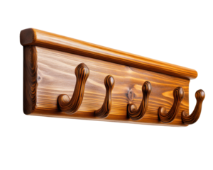 Wooden coat rack with five hooks, isolated on a white background.