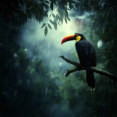 Obraz premium Toucan on tree branch during rainstorm