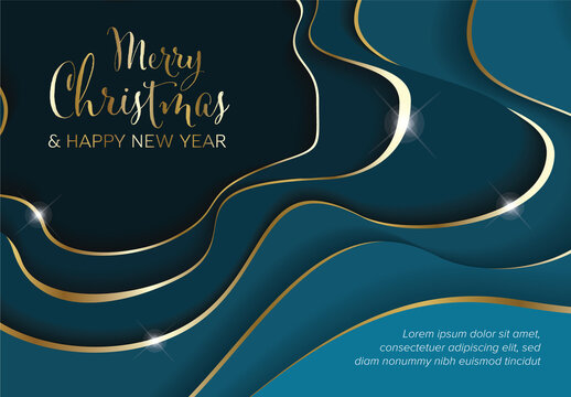 Abstract modern Merry Christmas and Happy New Year card with blue deep background with golden accent border