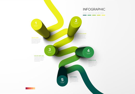 Five round green columns infographic template with five steps instructions on diagonal gradient path