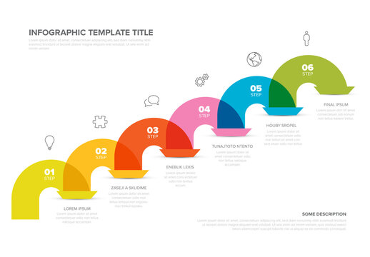 Six overlay jump steps infographic template with icons and descriptions