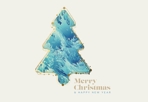 Minimalist light Christmas flyer/card template with abstract christmas tree and golden border