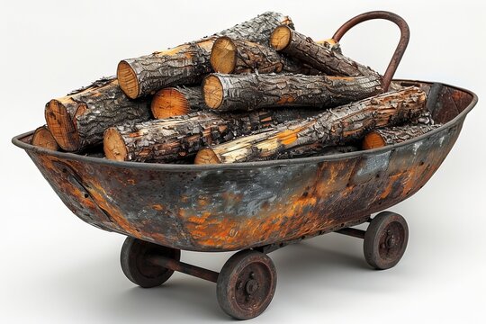 Studio image of a metal wheelbarrow filled with wood on a white background for clear presentation