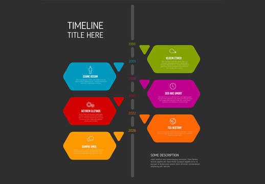 Vertical dark timeline design layout template with descriptions in big hexagon shapes with icons and history milestone years