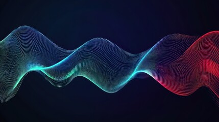 Fototapeta premium Abstract wavy lines of glowing teal and red particles on dark background.