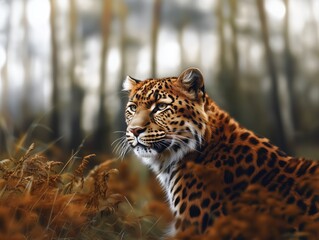 Fototapeta premium Close up photo of a beautiful Amur leopard in a natural environment