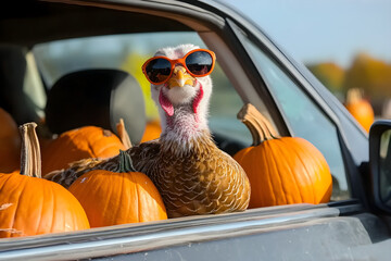 Funny turkey in sunglasses riding in a car with pumpkins