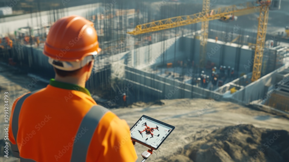 Poster a construction site manager in an orange safety vest and hard hat checks progress on a tablet while 
