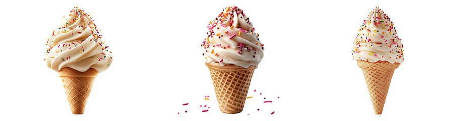 Three Ice Cream Cones with Sprinkles on Transparent Background
