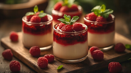 Creamy Panna Cotta Dessert Topped with Raspberry Coulis and Fresh Mint