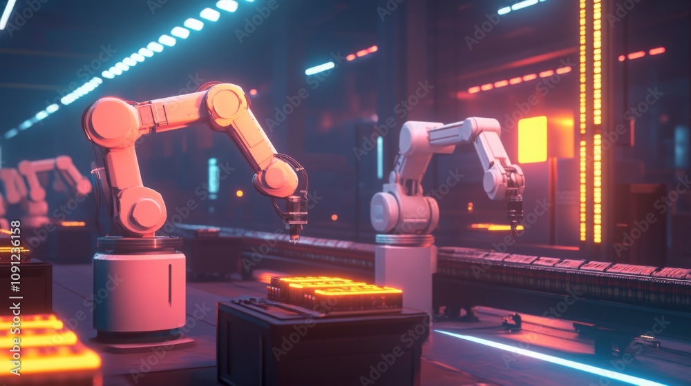 Poster Two robotic arms efficiently assembling components on a production line in a high-tech industrial setting. The vibrant lighting enhances the modern atmosphere of the workspace.