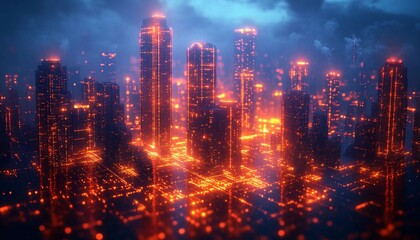 Fototapeta premium Holographic Blueprint Realm, glowing electronic cityscape, resembling a blueprint come to life. 