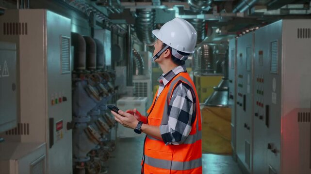 Side View Of Asian Male Engineer With Safety Helmet Using Smartphone And Looking Around While Standing In Engine Control Room, Work Of Electrical Generators