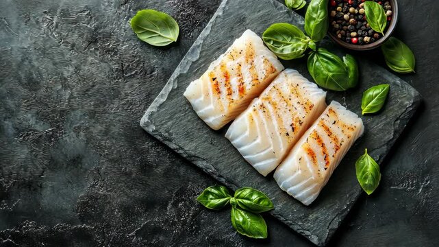 Fresh raw cod fillet with basil on a stone plate, horizontal, copy space, top view Video
