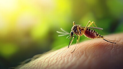 Naklejka premium Close-up mosquito biting person skin center image Mosquitoes on the skin