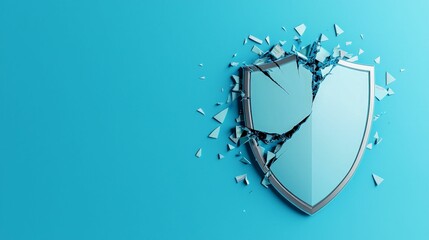 A shattered shield against a turquoise background symbolizes broken defenses and vulnerability in a modern context.