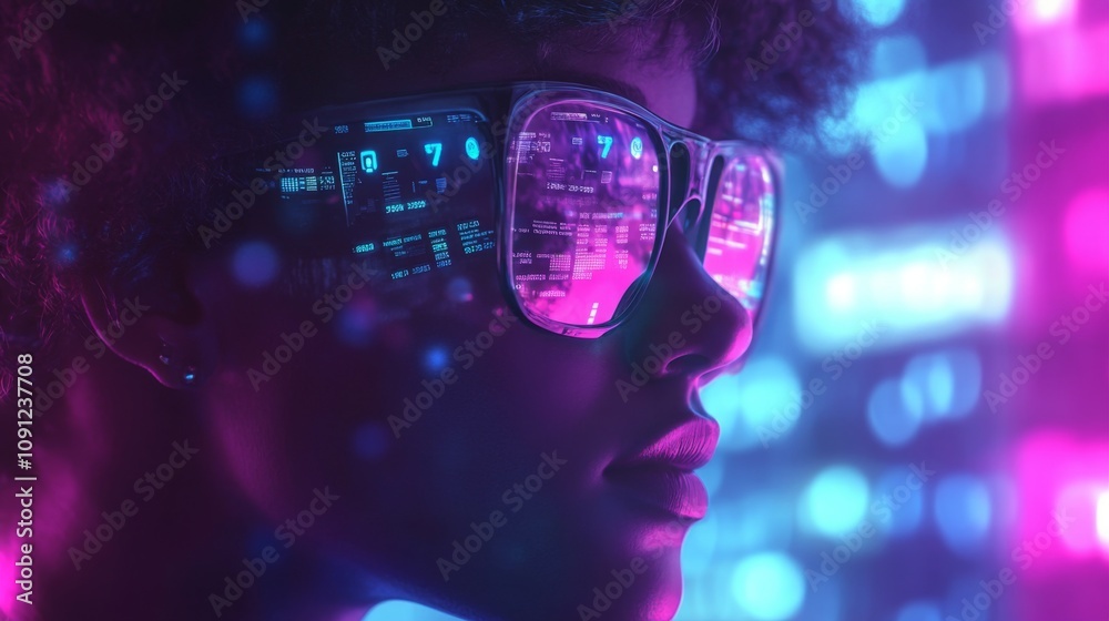 Poster Close-up profile of a person wearing glasses displaying a futuristic heads-up display showing digital information.