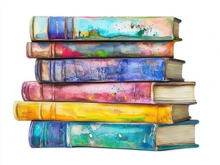 stack of watercolor books, each with unique, hand-painted covers, isolated on a white background, celebrating artistic expression and the beauty of literature in a quaint, illustrative style