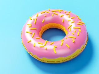 vibrant inflatable donut pool float with pink frosting and yellow sprinkles on bright blue background, evoking playful and fun summer vibe