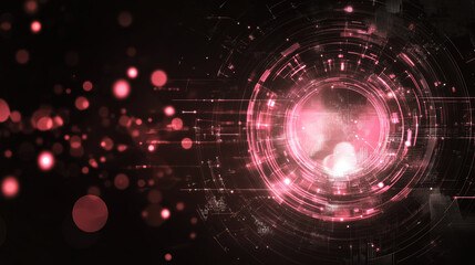 Obraz premium Digital art pastel pink and silver neon tech circle on dark bokeh background. Science, futuristic digital technologies concept. 