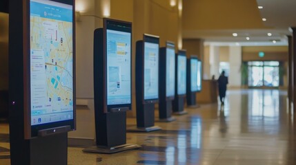 In a contemporary hotel lobby, several digital kiosks provide interactive maps and information to visitors. The sleek design enhances the space, while a guest approaches one for assistance.
