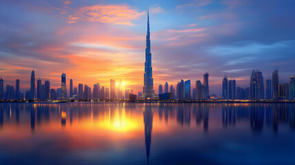 Fototapeta premium Stunning Cityscape: Skyscrapers Reflect in Calm Waters During a Vibrant Sunset