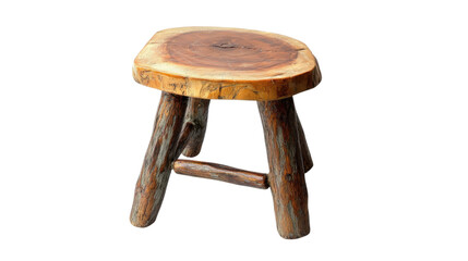 Rustic wooden stool, unique design, white isolated background.