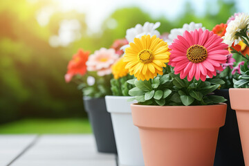 Fototapeta premium Vibrant Blooms in Sunlit Patio Garden, diverse pots filled with colorful flowers, showcasing nature's beauty and plant growth in a serene setting.