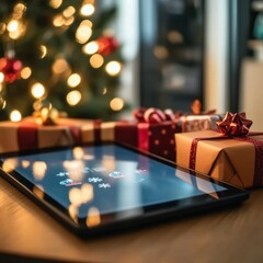 Close-up on tablet showing holiday discounts snowflake accents