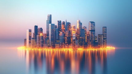 Fototapeta premium Serene Urban Skyline at Dusk with Reflections on the Water, Showcasing Modern Architecture and City Lights in a Vibrant Twilight Atmosphere