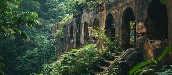 Naklejka premium Vintage Fortress Surrounded By Lush Vegetation