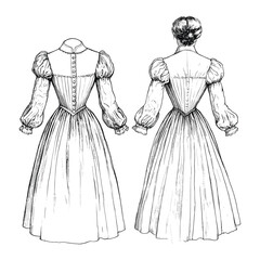 Vintage Line Art of Historical Women&rsquo;s Dresses from the Back View