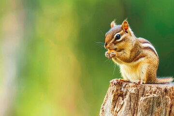 Obraz premium Eastern chipmunk perched on a stump eating acorns with blurry green background
