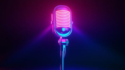 Colorful Neon Light Glowing Voice Recording Microphone Icon.