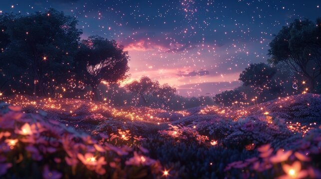 A magical, dreamy forest at dusk with glowing fireflies and purple flowers, a magical and fantastical landscape.