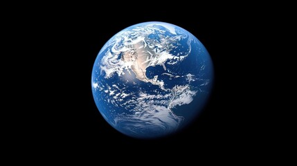Naklejka premium Detailed view of planet Earth from space, showcasing continents, oceans, and cloud formations against a black background.