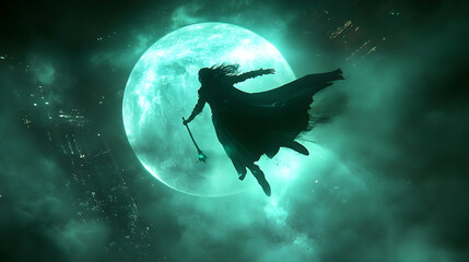 Fototapeta premium Dark Sorcerer Flies Past Futuristic Cityscape Under Glowing Moon
